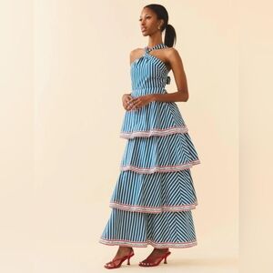 Eddy Women's Emma Tiered Maxi Dress in Navy Stripe, Size M, $398 NWT